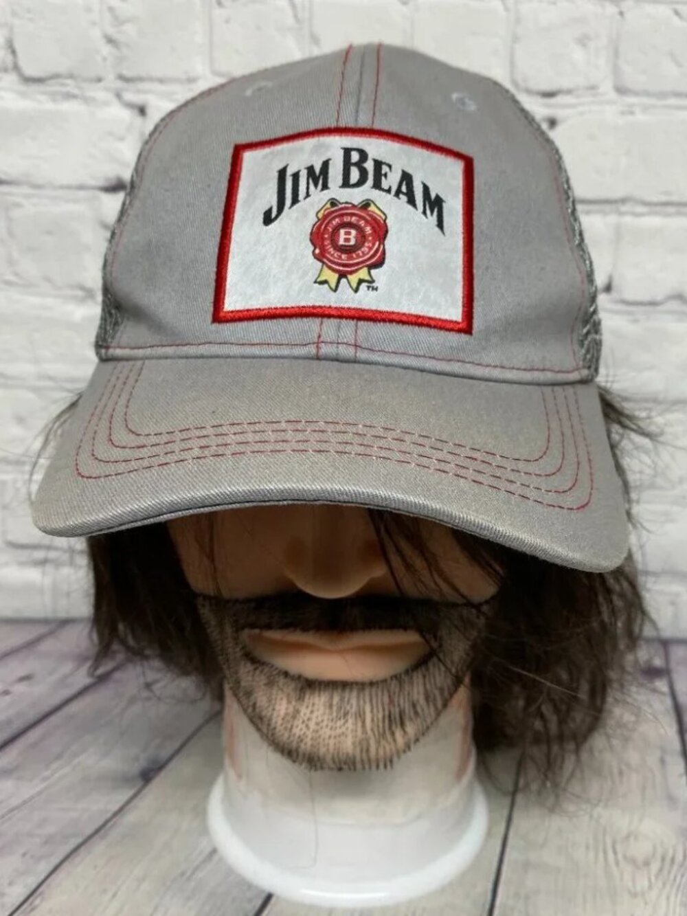 Jim Beam Baseball Hat Mesh Cap Stretch Fit Size Men M/L Gray Patch